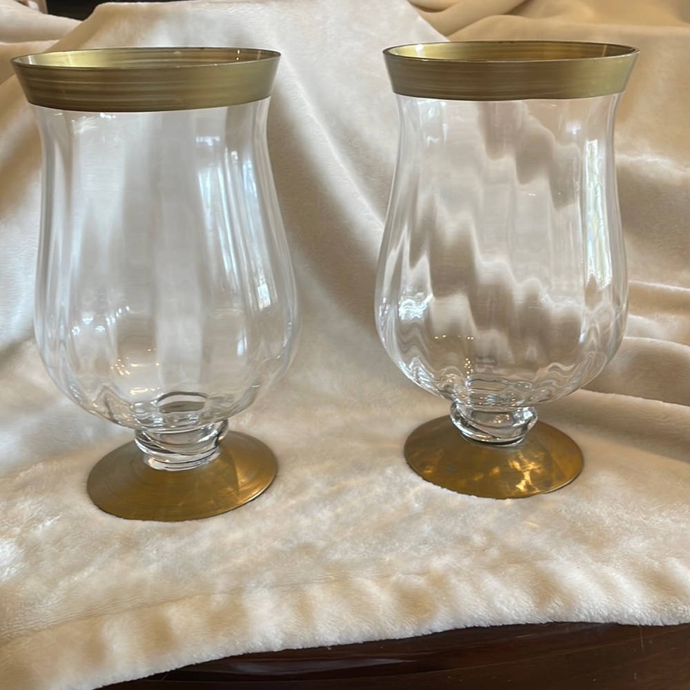Set of 2 Glass Hurricane Candleholders with gold trim